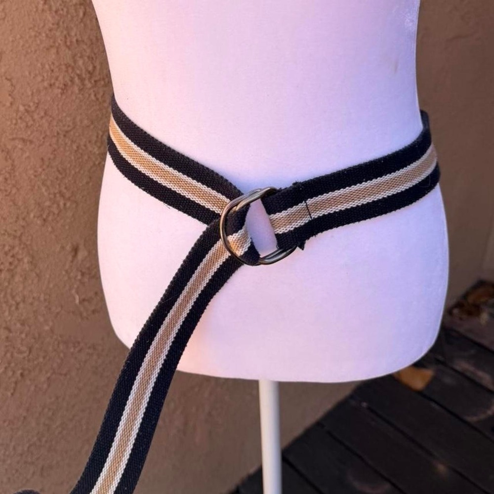 Navy and cream striped belt with silver buckle
